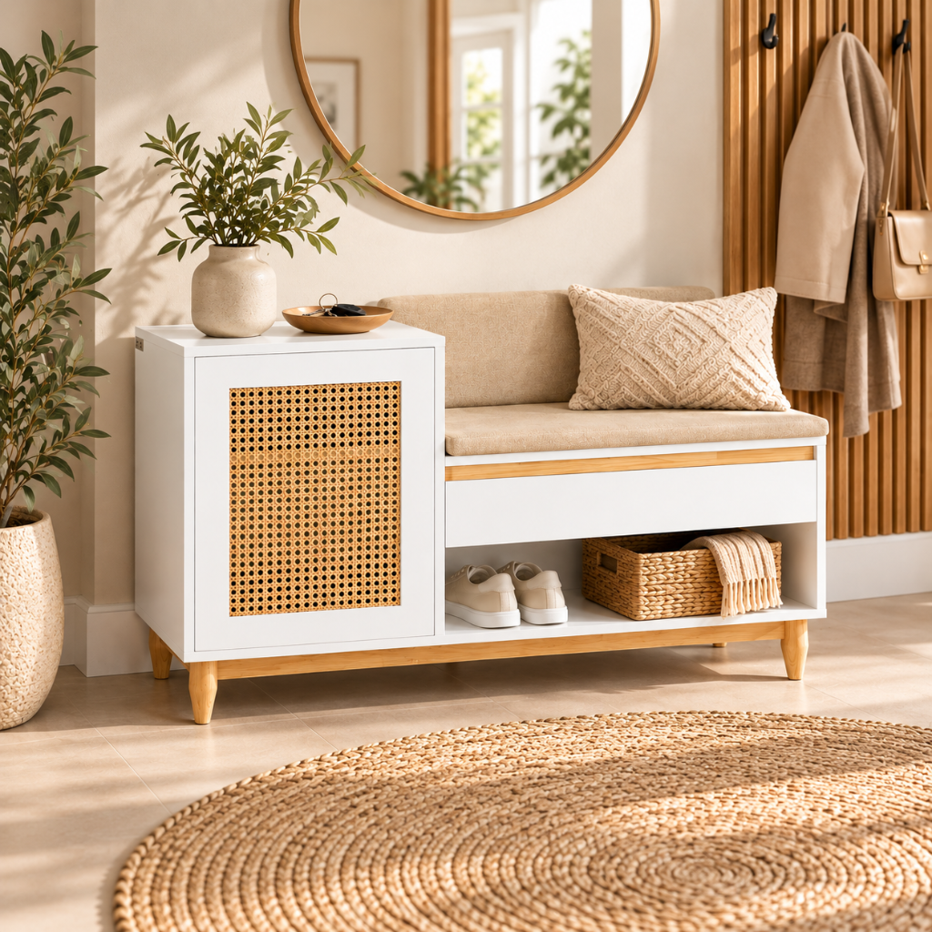 Banc à Chaussures Blanc & Cannage Rotin, Assise Rembourrée 3