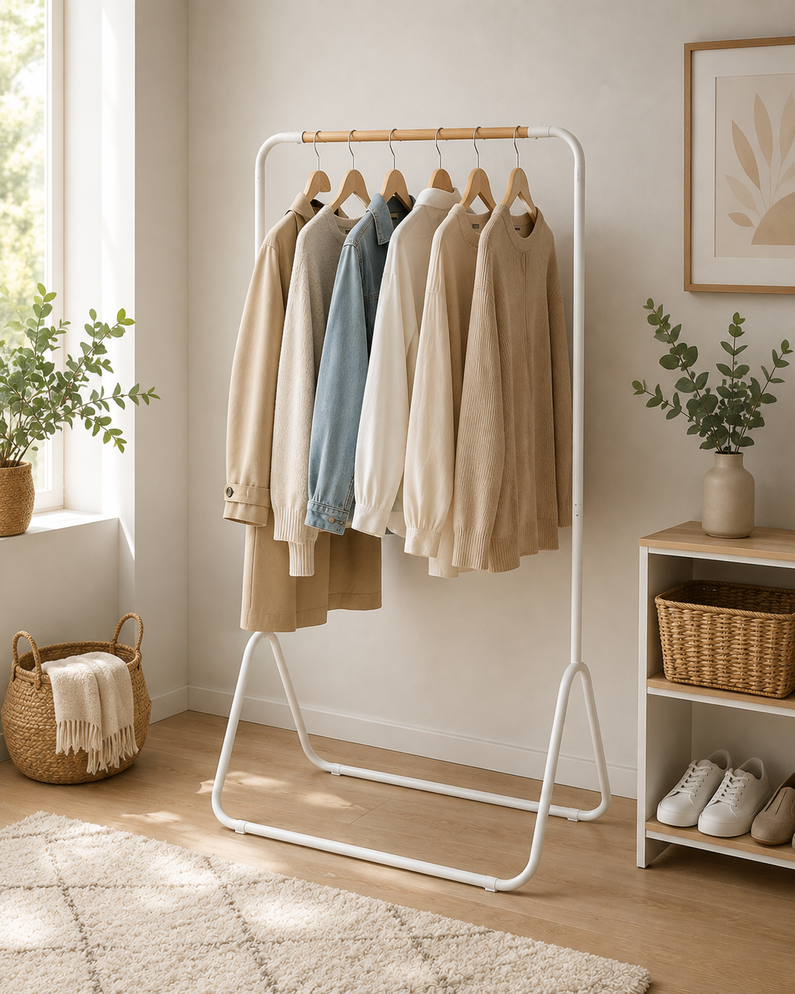 Portant à Vêtements Bois & Métal Blanc — Dressing Ouvert Style Scandinave