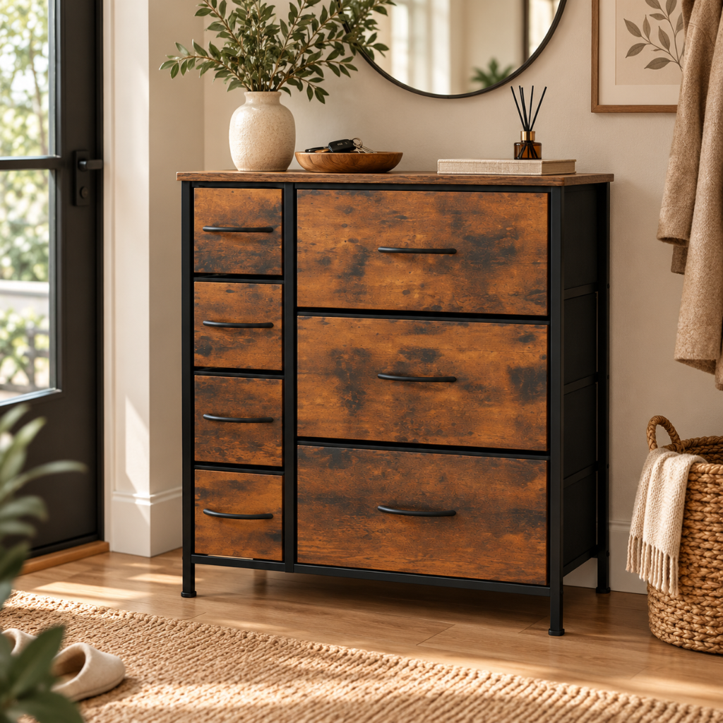 Commode 7 Tiroirs Bois Rustique & Métal Noir, Tissu Double Couche 3