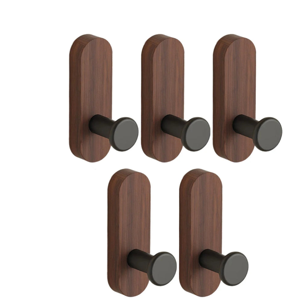 Crochets Muraux en Bois Massif 5 Pièces Noyer – Style Nordique, Rangement Pratique et Élégant pour Entrée