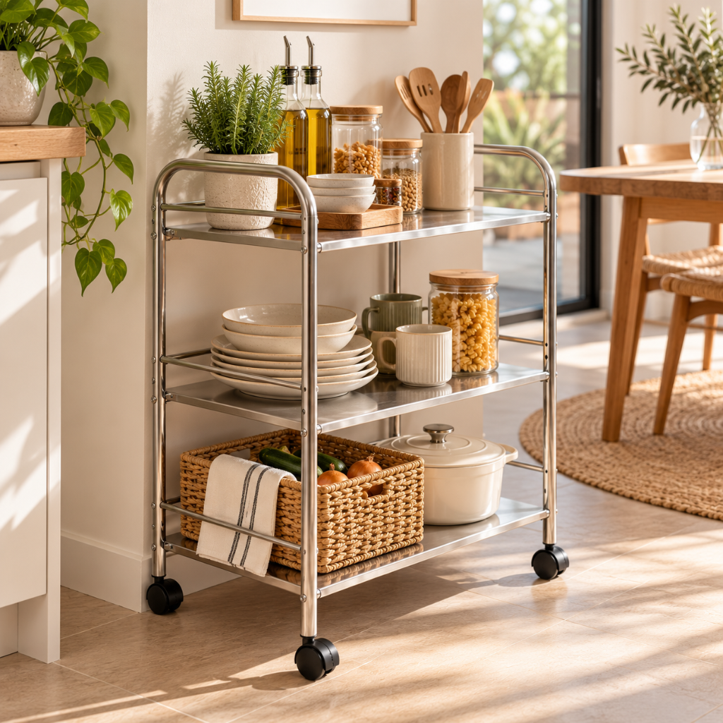 Desserte de Cuisine Inox à Roulettes, 3 Niveaux avec Rambardes 3