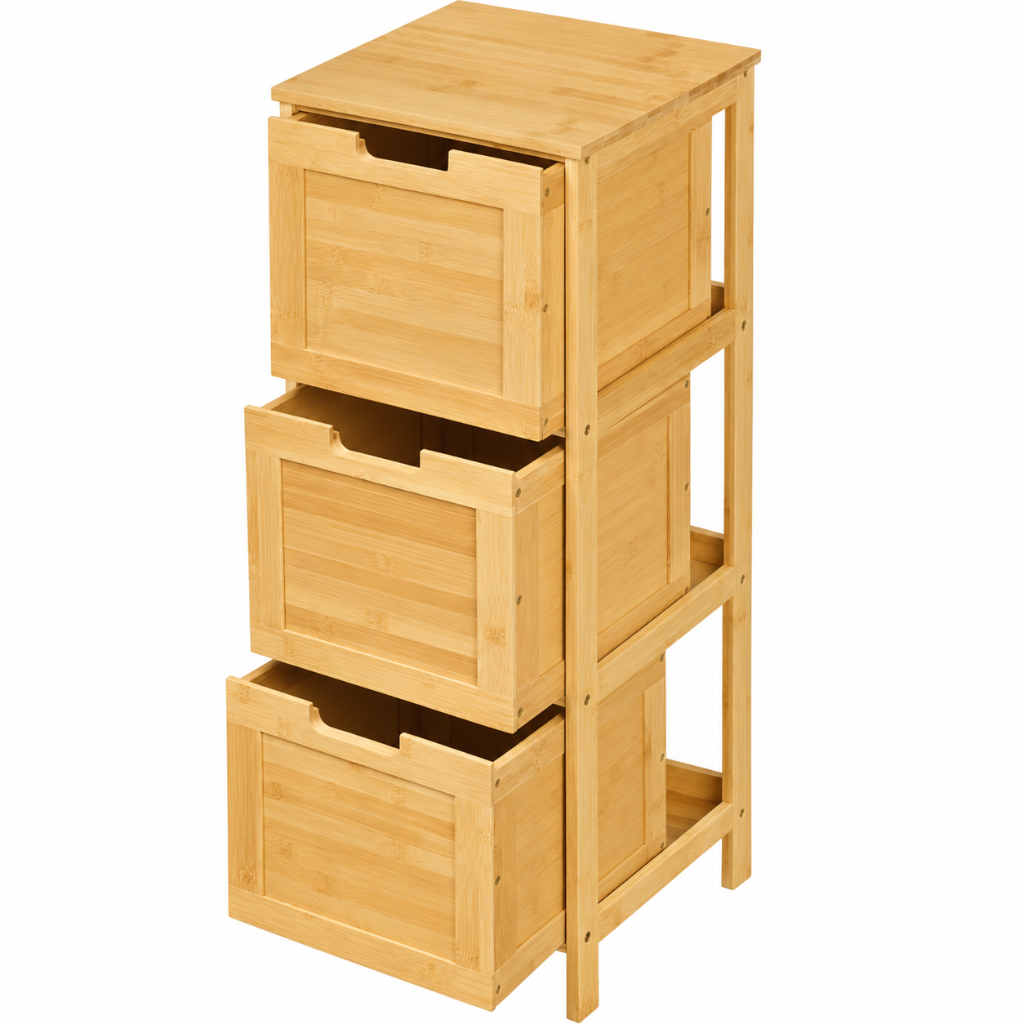 Meuble Salle de Bain Bambou Naturel, 3 Tiroirs Amovibles 1