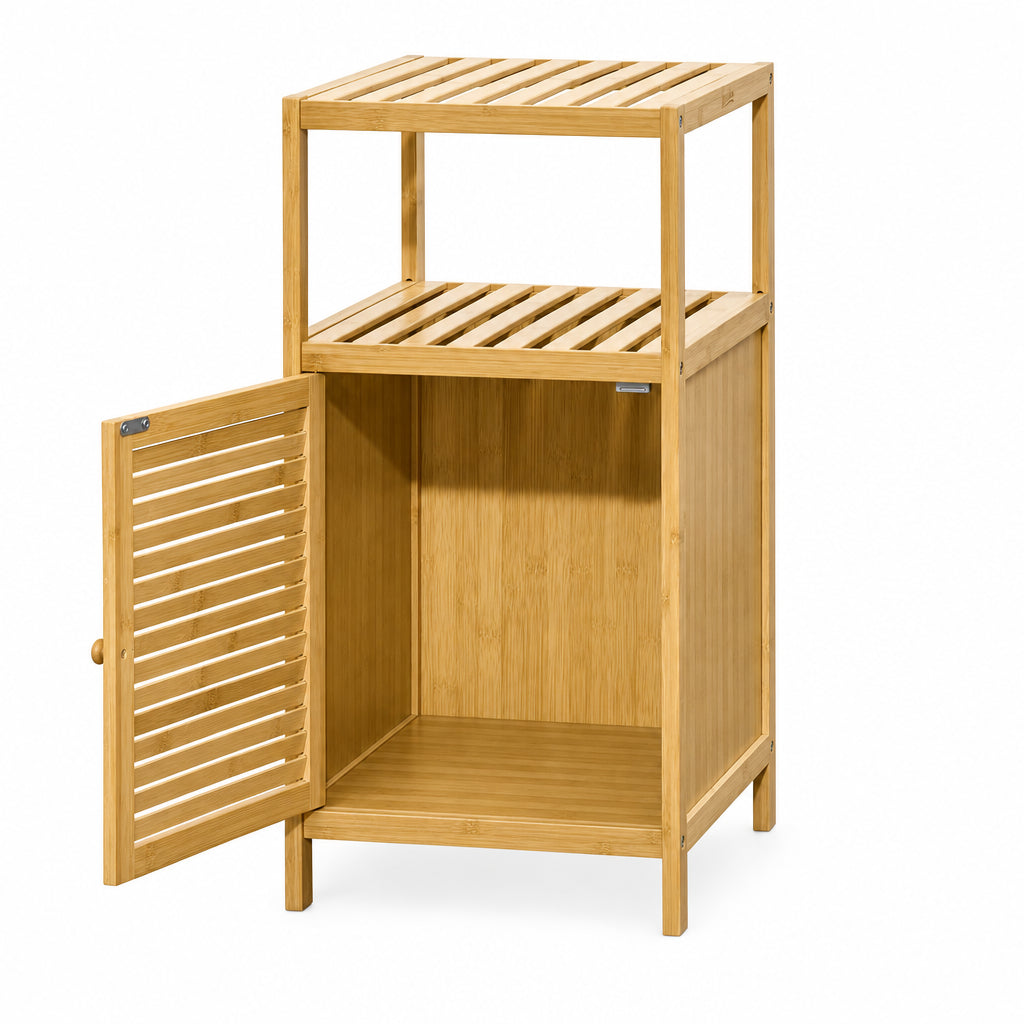 Meuble Salle de Bain Bambou Naturel, Porte à Lattes & Étagère ouvert