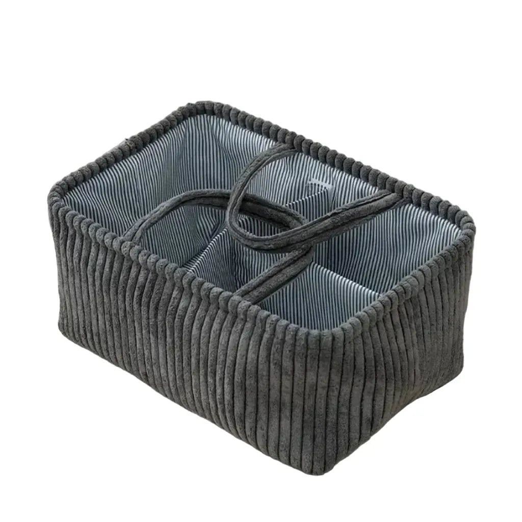 Panier de Rangement en Velours Côtelé Gris – Multi-Compartiments pour Chambre, Bureau et Salon