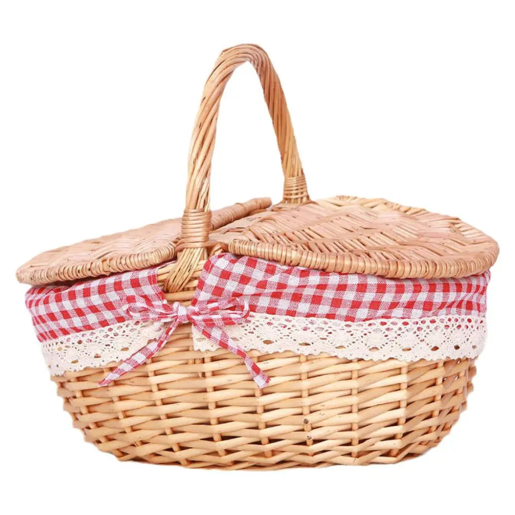 Panier en Osier – Pique-Nique Artisanal avec Couvercle et Doublure Vichy Rouge