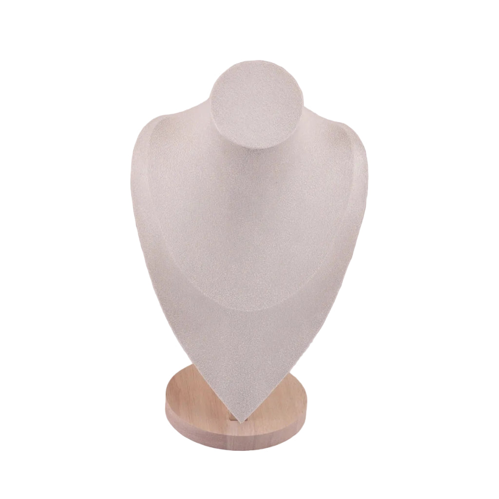 Porte-Bijoux Buste Velours Blanc & Socle Bois 18 × 12 × 29 cm.