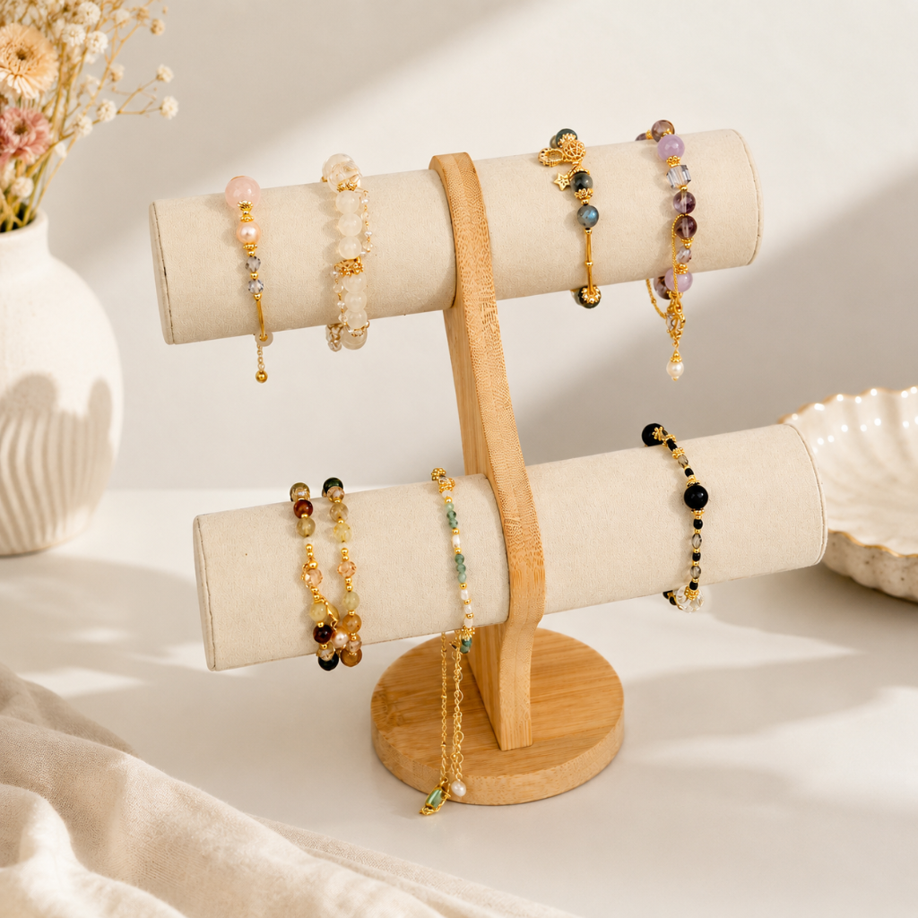 Porte-Bijoux Double Barre Bambou Et Velours 3