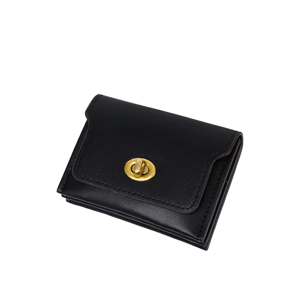 Portefeuille Féminin Compact en Cuir PU Noir avec Fermoir Doré