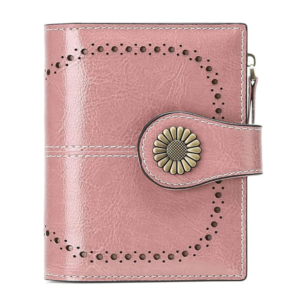 Portefeuille Femme Compact en Cuir Véritable Rose – RFID, Porte-Cartes & Double Compartiment Zippé