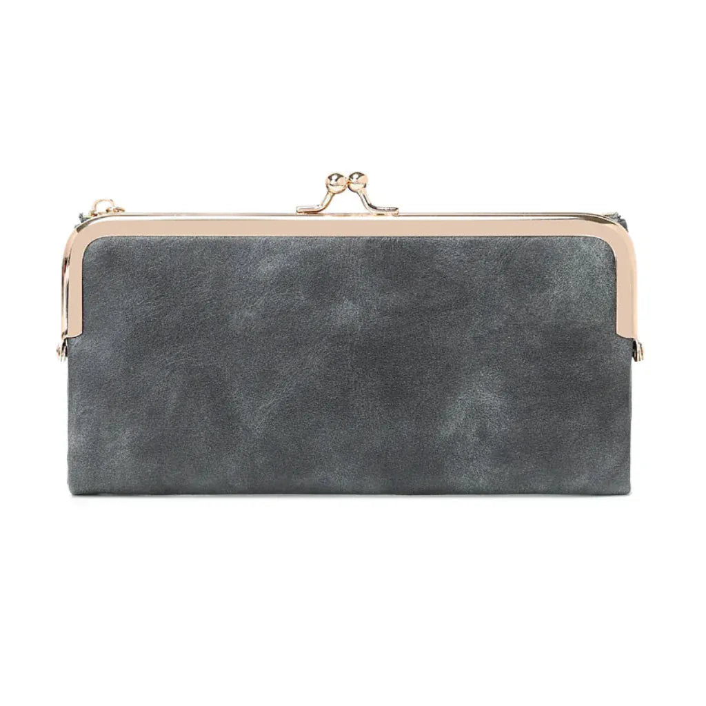 Portefeuille Femme Long Vintage Gris – Organisateur Multifonction à Fermoir Clip Rétro