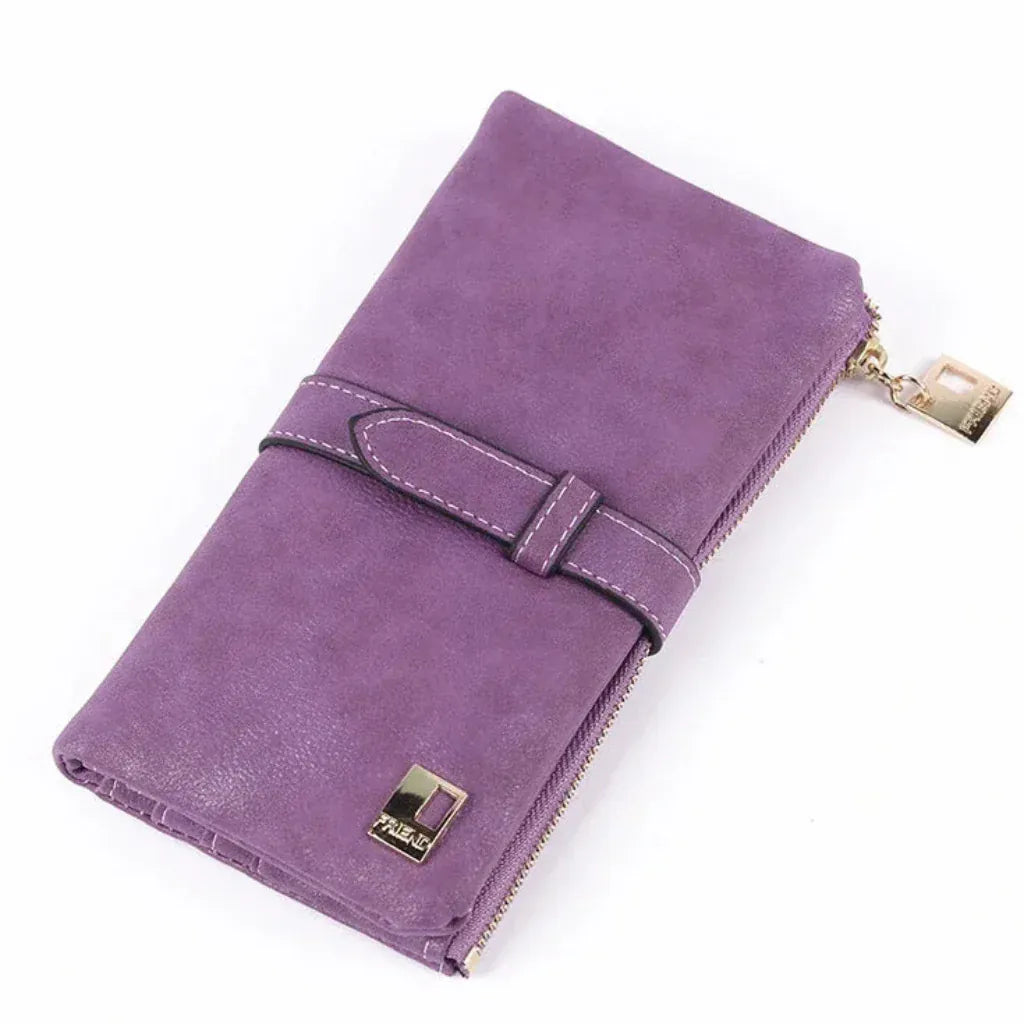 Portefeuille Femme Long en Cuir PU Effet Nubuck Violet – Grande Capacité avec Fermeture Cordon Coulissant