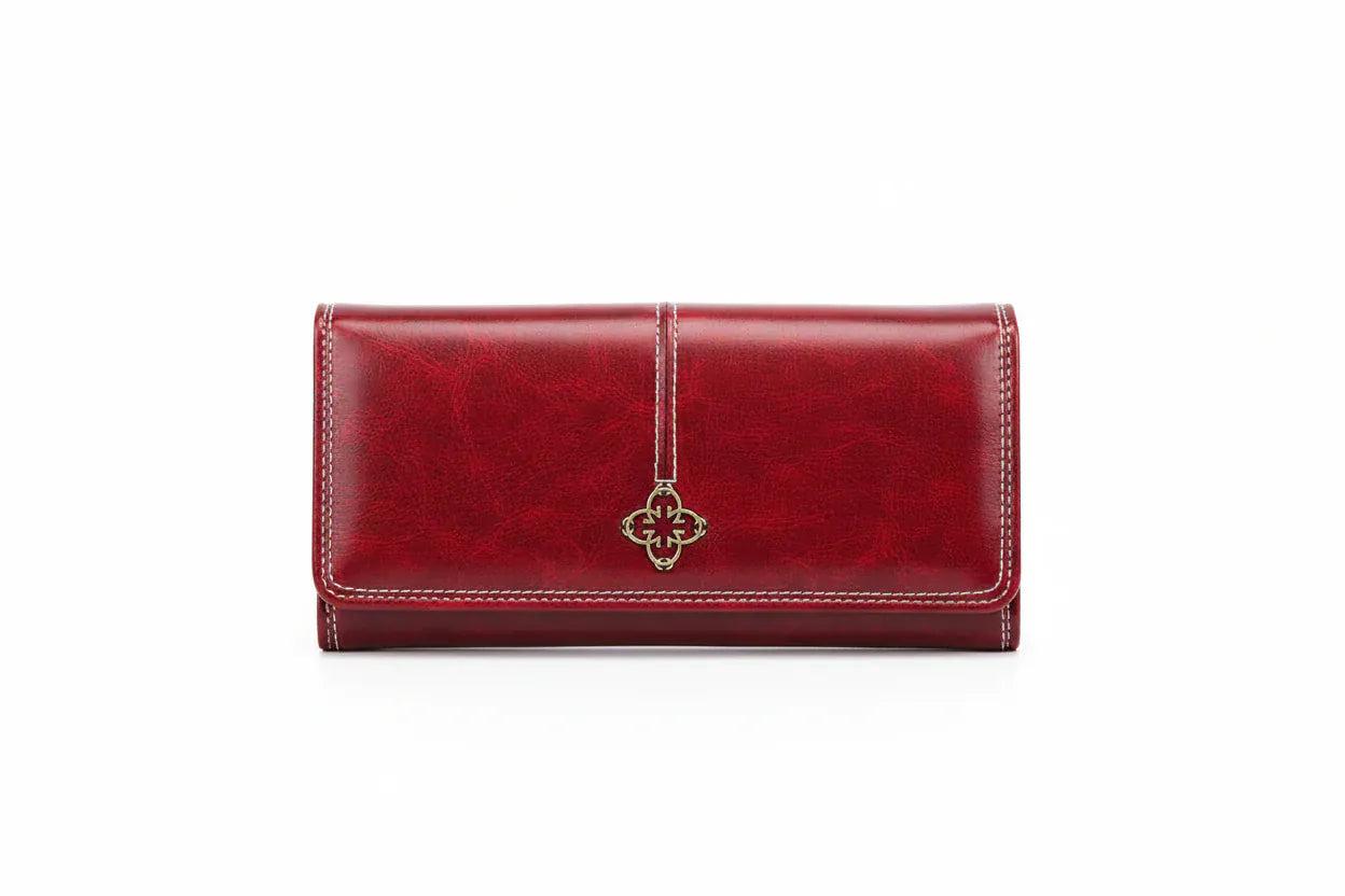 Portefeuille Femme Long en Cuir PU Rouge - Organisateur Élégant avec Fermoir Décoratif