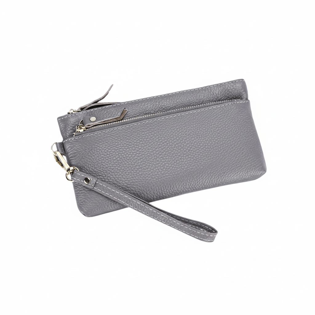 Portefeuille Femme en Cuir Véritable Gris – Pochette Compacte avec Dragonne & Élégance Quotidienne