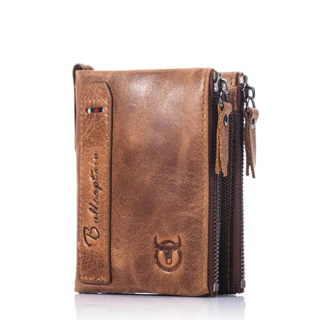 Portefeuille Homme Cuir Véritable avec Double Fermeture Éclair et Protection RFID Marron Clair