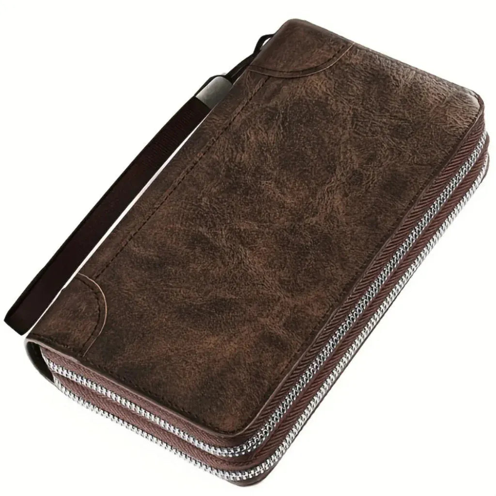 Portefeuille Homme Organisateur en Cuir Ciré Marron – Double Fermeture Éclair, Grande Capacité avec Dragonne