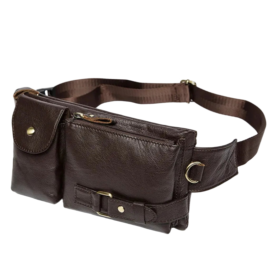 Sac Banane Homme Cuir Véritable — Multi Compartiments Marron Foncé