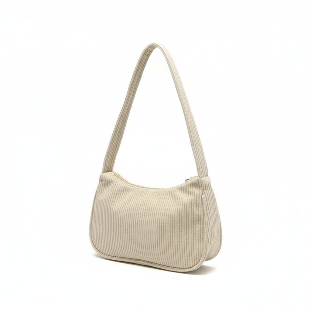 Sac à Bandoulière Femme Blanc – Rétro Velours Côtelé Demi-Lune