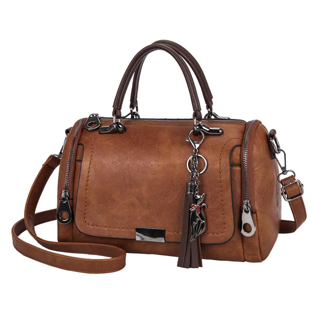 Sac à Bandoulière Femme Boston Camel - Grande Capacité avec Pompon Décoratif