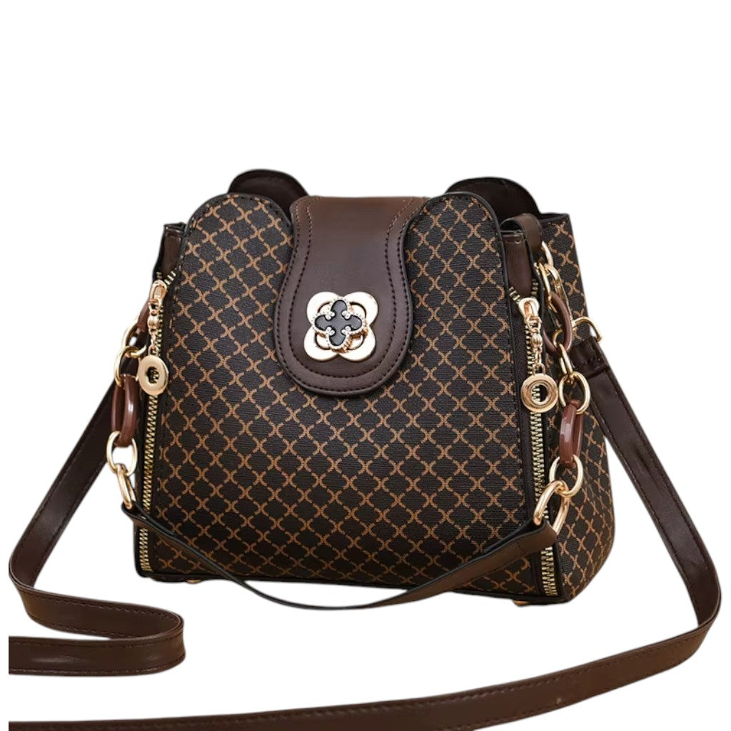 Sac à Bandoulière Femme Grande Capacité Marron Foncé – Forme Seau à Double Fermeture Dorée