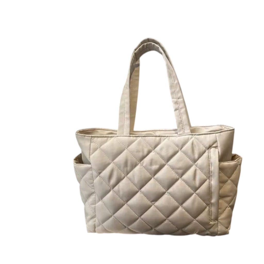 Sac à Bandoulière Femme Matelassé en Nylon Beige – Grande Capacité, Style Urbain Minimaliste avec Poches
