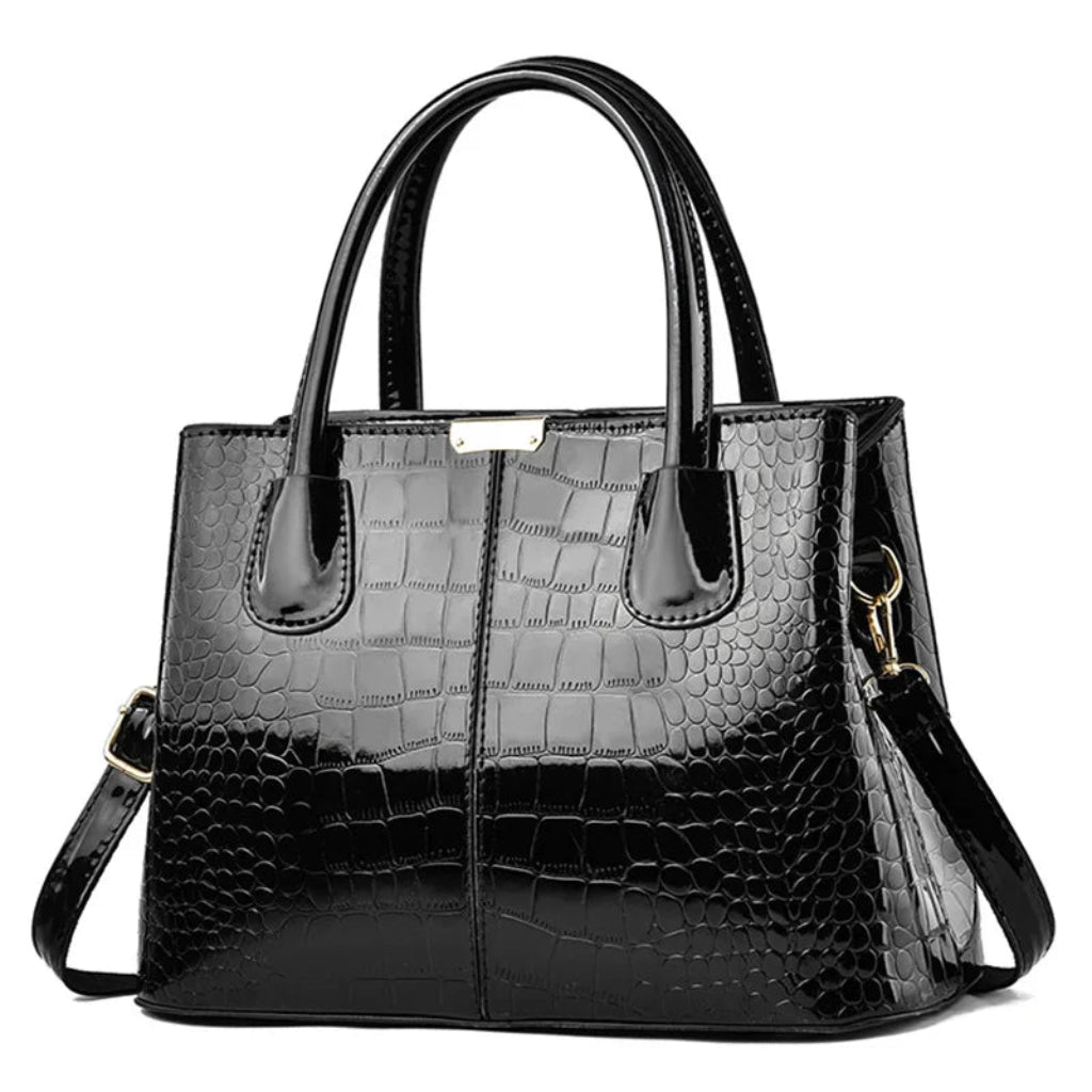 Sac à Bandoulière Femme Noir - Cuir PU Verni Effet Croco - Grand Cabas Main & Épaule