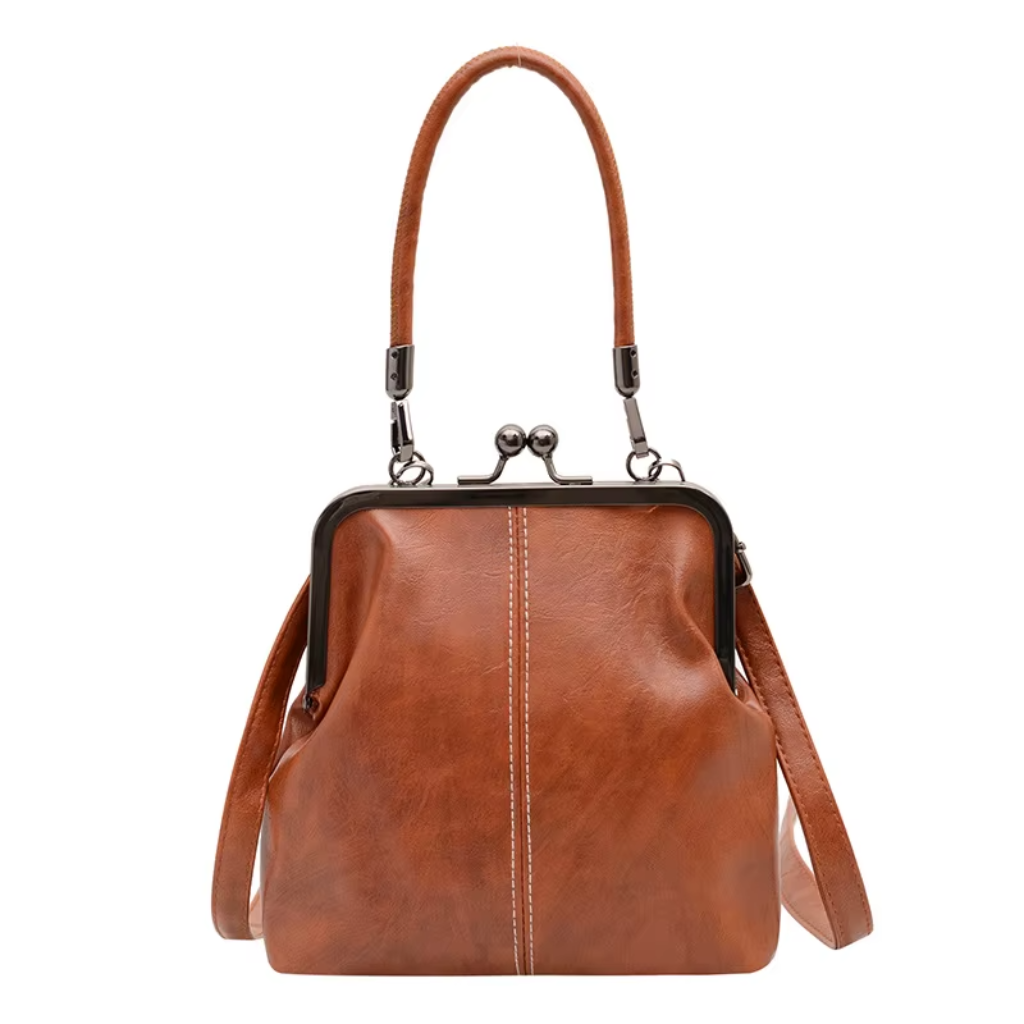 Sac à Bandoulière Femme Rétro – Design Coquillage en Cuir PU Souple Cognac , Fermoir Métallique Vintage