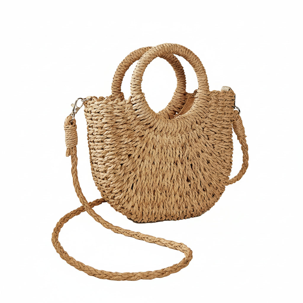 Sac à Bandoulière Femme Sable – Demi-Lune en Paille Tressée