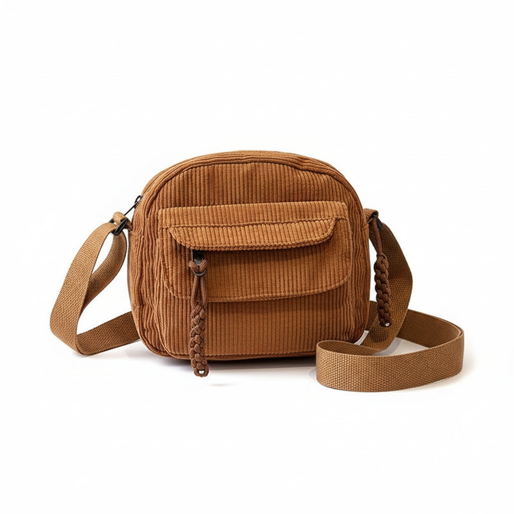 Sac à Bandoulière Femme Velours Côtelé Harajuku Marron Clair – Multiples Poches, Style Casual