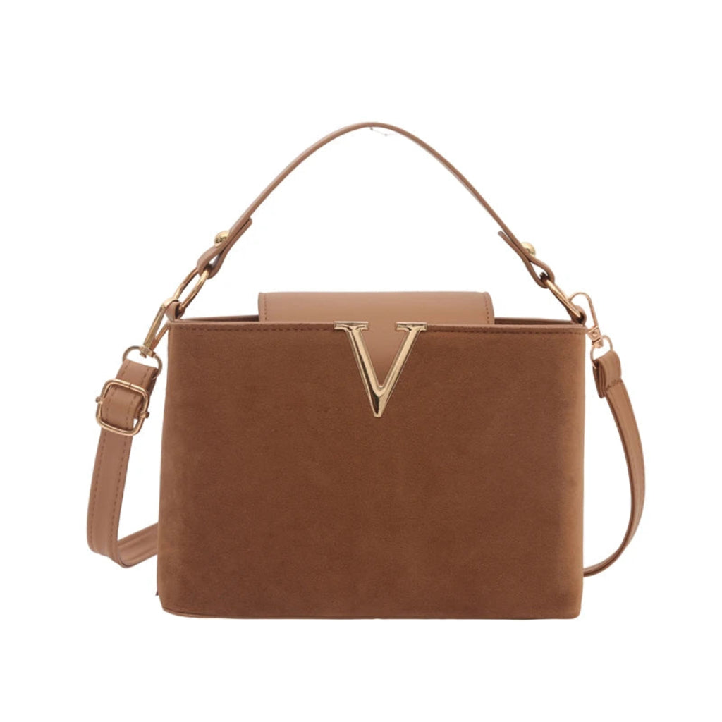 Sac à Bandoulière Femme Vintage en Suédine Camel – Boucle Décorative Dorée et Bandoulière Ajustable