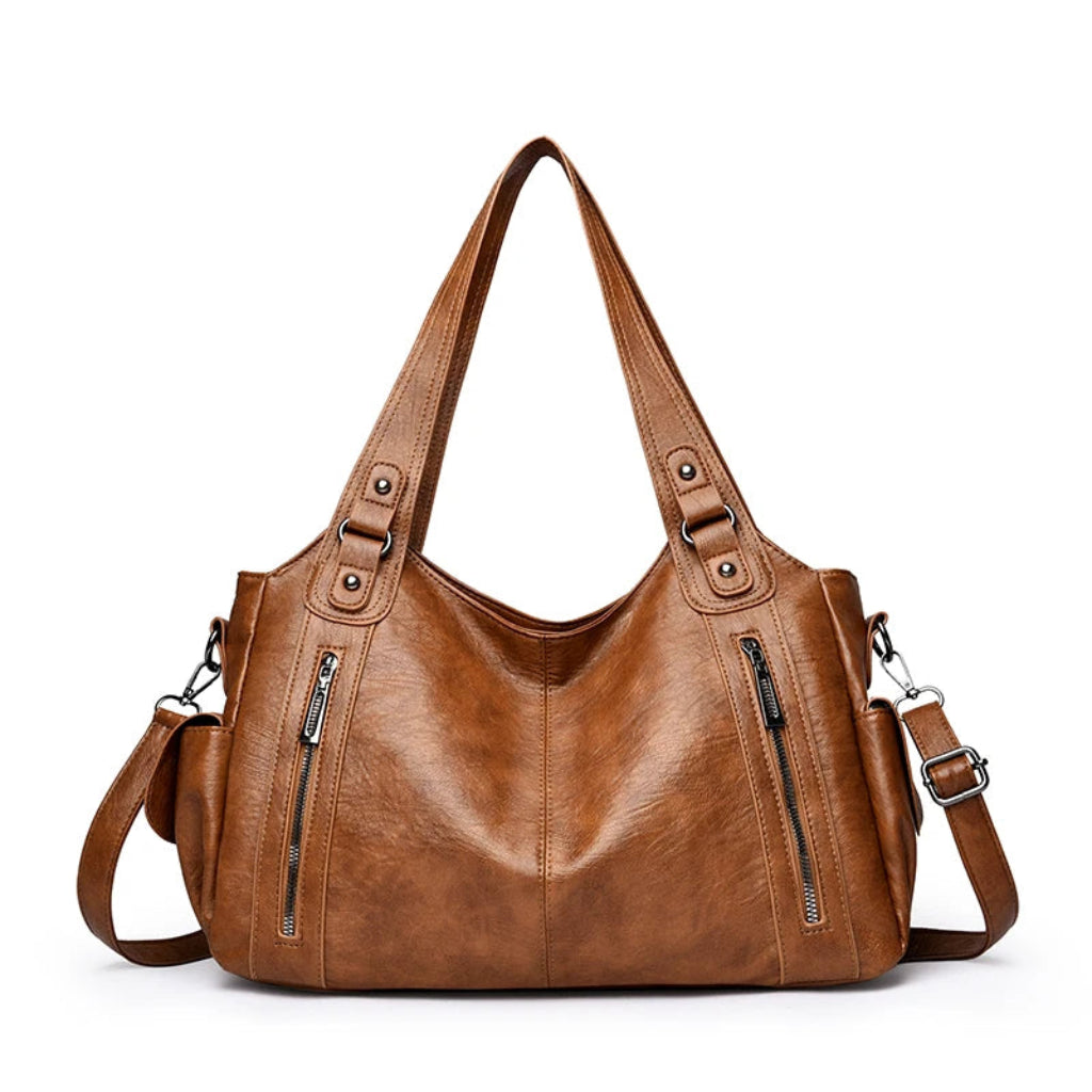 Sac à Bandoulière Femme en Cuir PU Marron Clair – Double Fermeture Zippée, Élégant et Fonctionnel