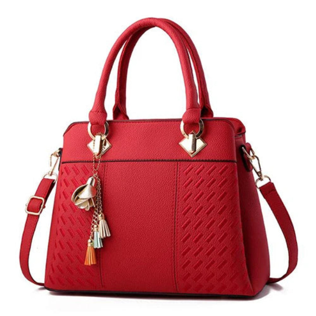 Sac à Bandoulière Femme en Cuir PU Rouge – Broderie Texturée & Pompons, Multi-poches