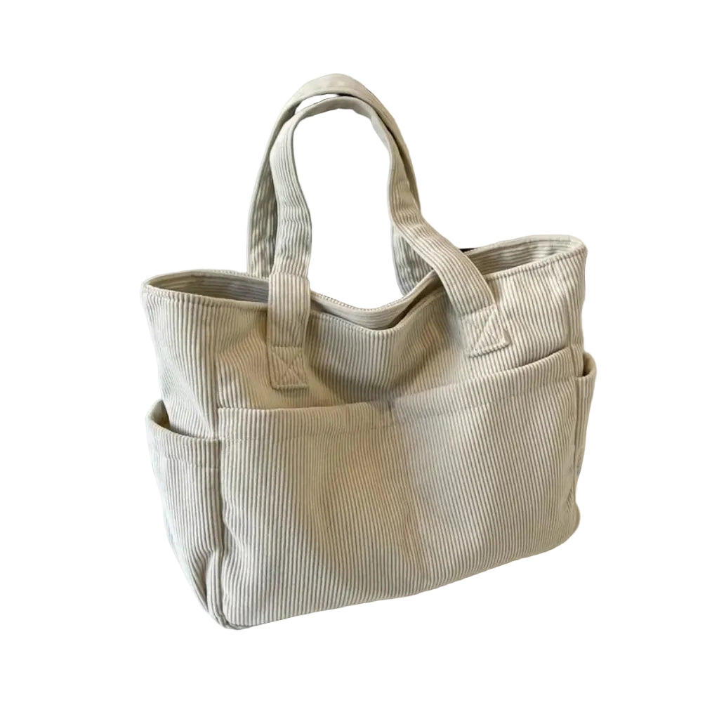 Sac à Bandoulière Femme en Velours Côtelé Rayé Blanc – Poches Latérales, Fermeture Zippée