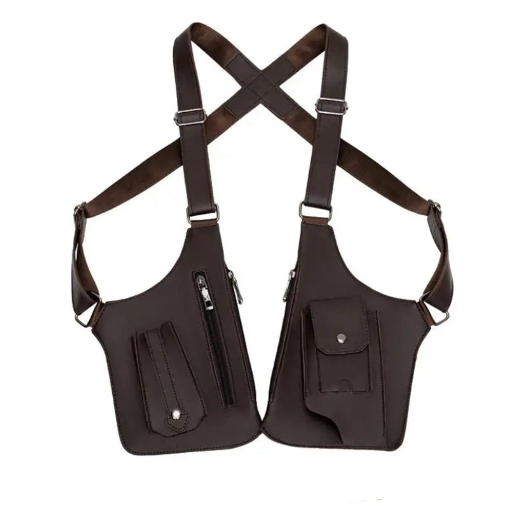 Sac à Bandoulière Homme Tactique Marron Foncé – Sacoche Poitrine Double Poche Anti-Vol, Multifonction et Imperméable en Cuir PU