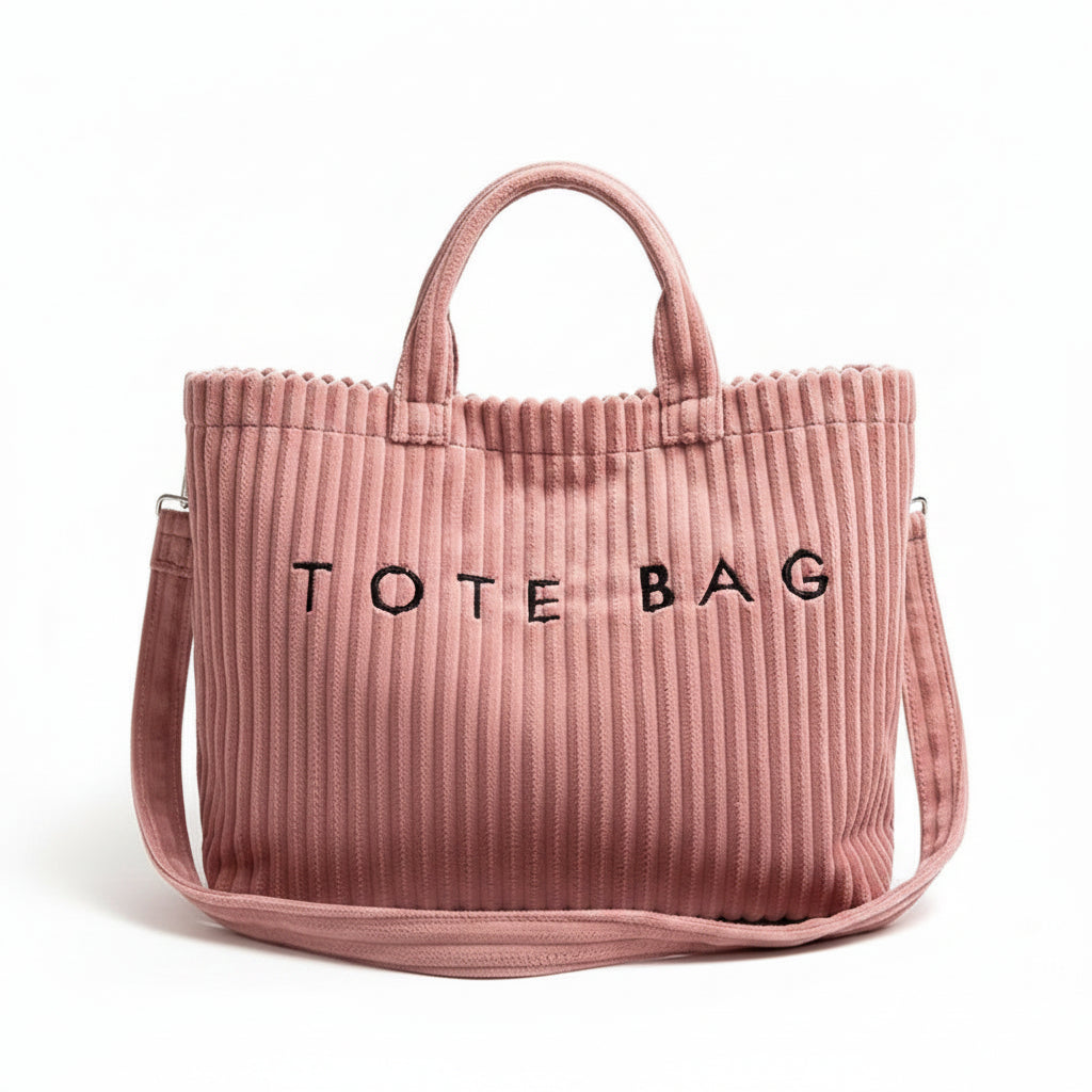 Tote Bag Femme Velours Côtelé Grande Capacité Bandoulière Rose
