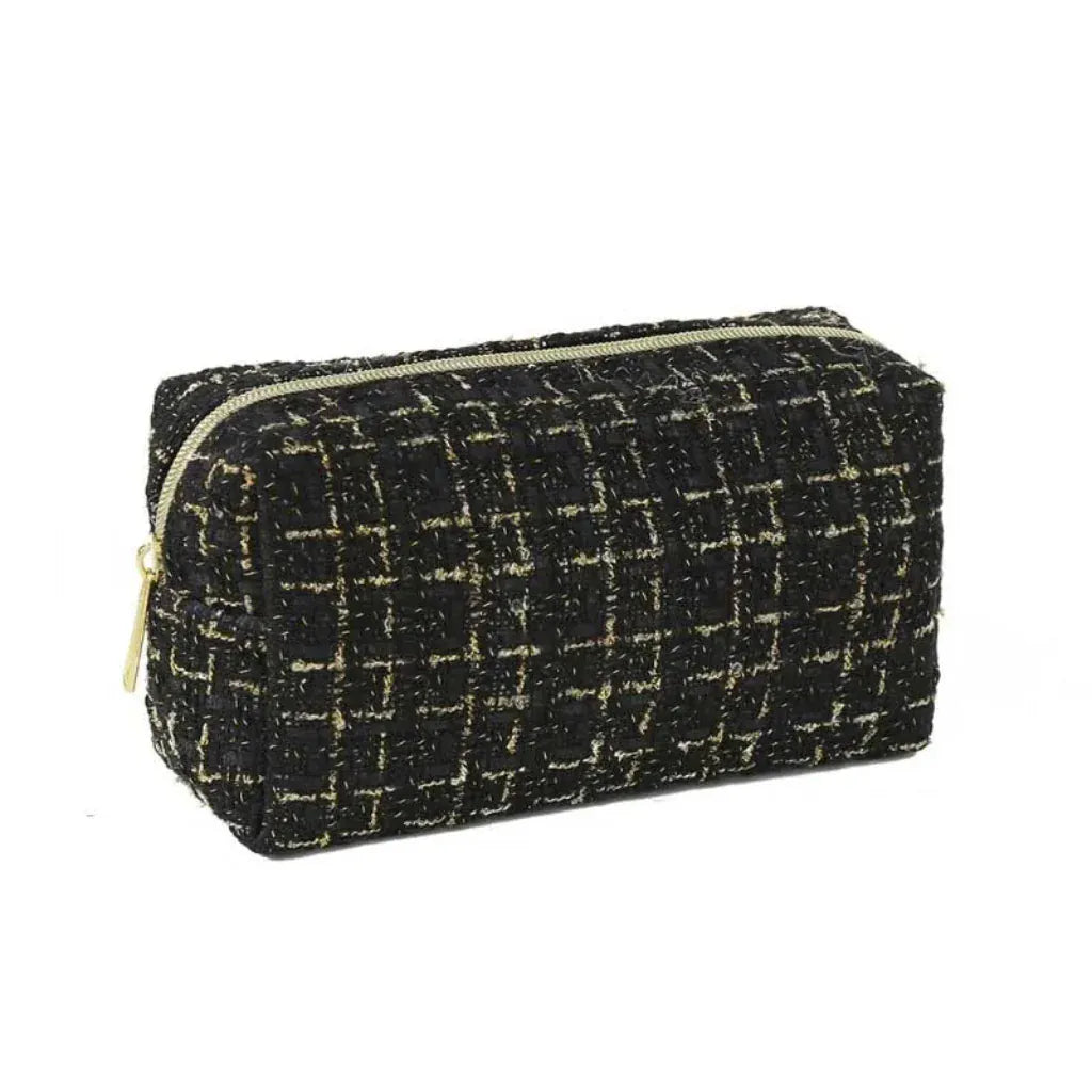 Trousse de Toilette Femme Fashion en Tweed Noir - Grande Capacité Voyage & Quotidien