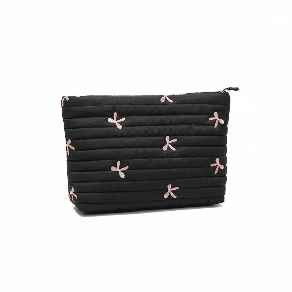 Trousse de Toilette Femme Matelassée avec Broderies Nœuds Noir