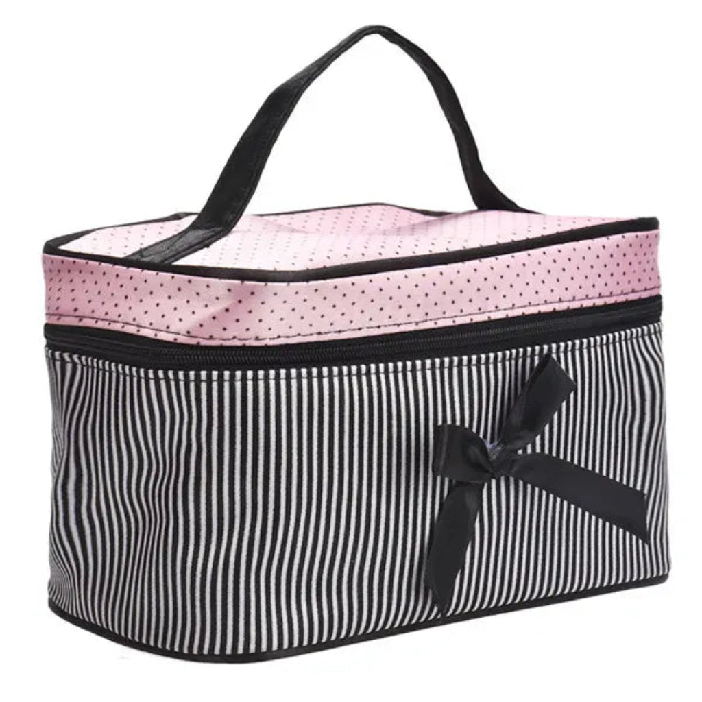 Trousse de Toilette Femme Rayée avec Nœud Noir – Vanity Voyage Grande Capacité