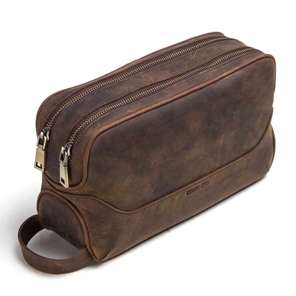 Trousse de Toilette Homme en Cuir Véritable Crazy Horse Marron – Vintage, Élégante et Pratique pour Voyage ou Maison
