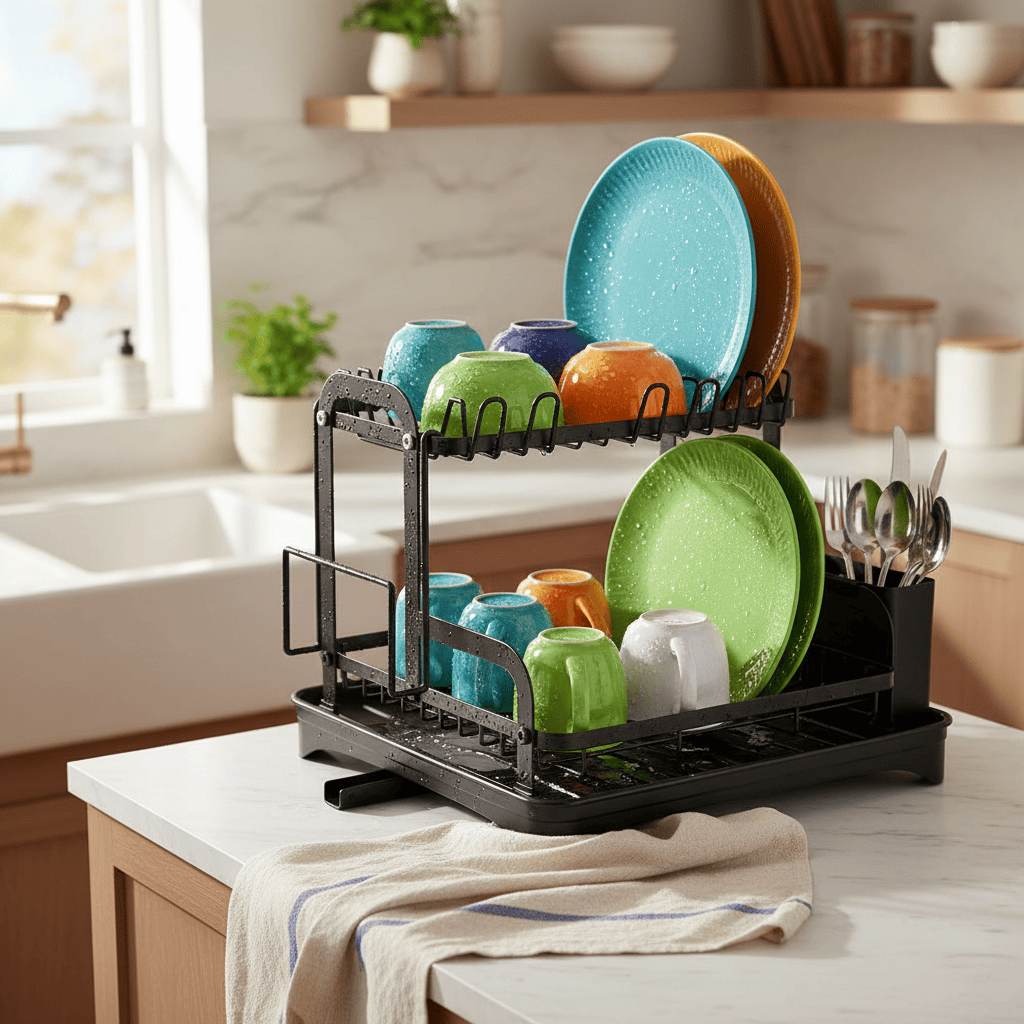 Égouttoir en utilisation près de l'évier