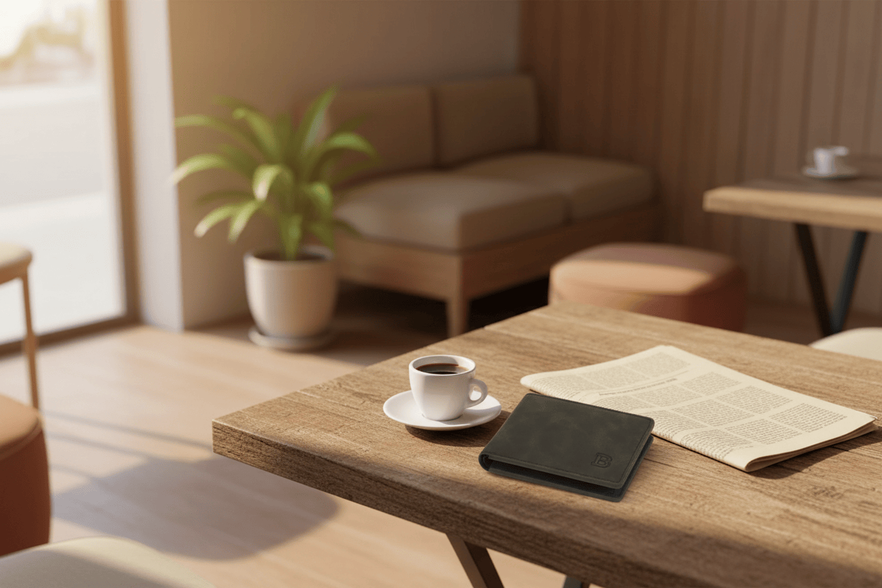Portefeuille anthracite sur table de café