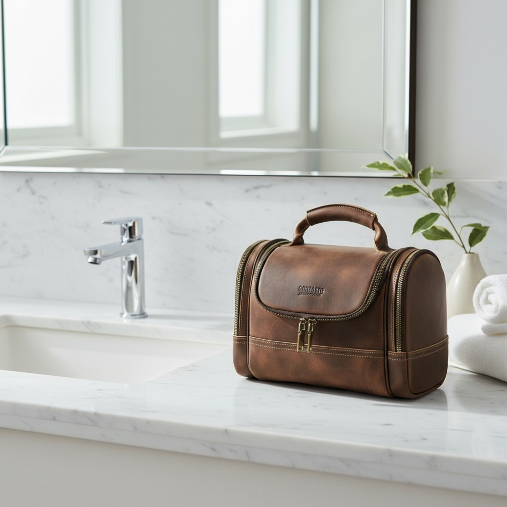 Trousse sur comptoir de salle de bain