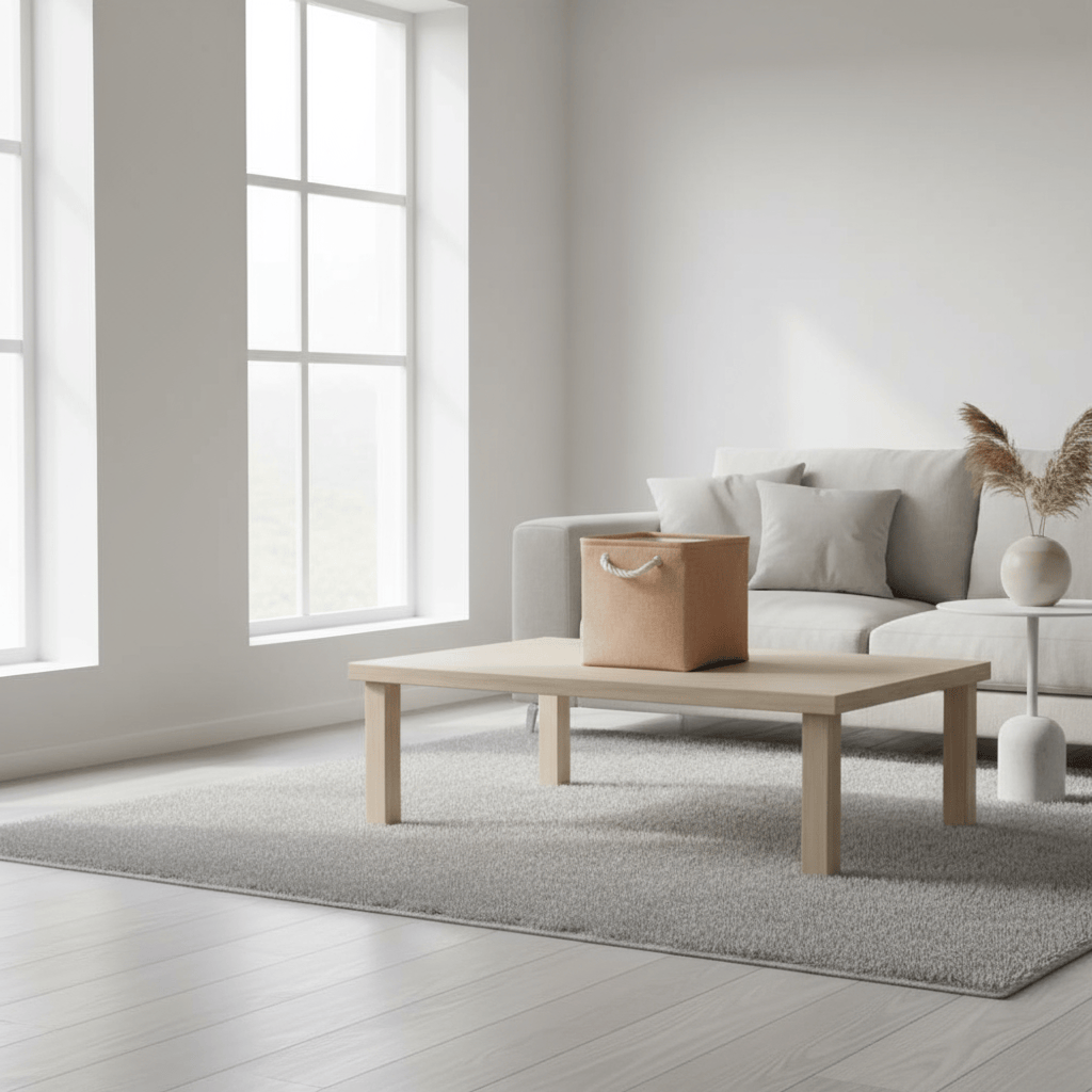 Un cube beige sur table basse