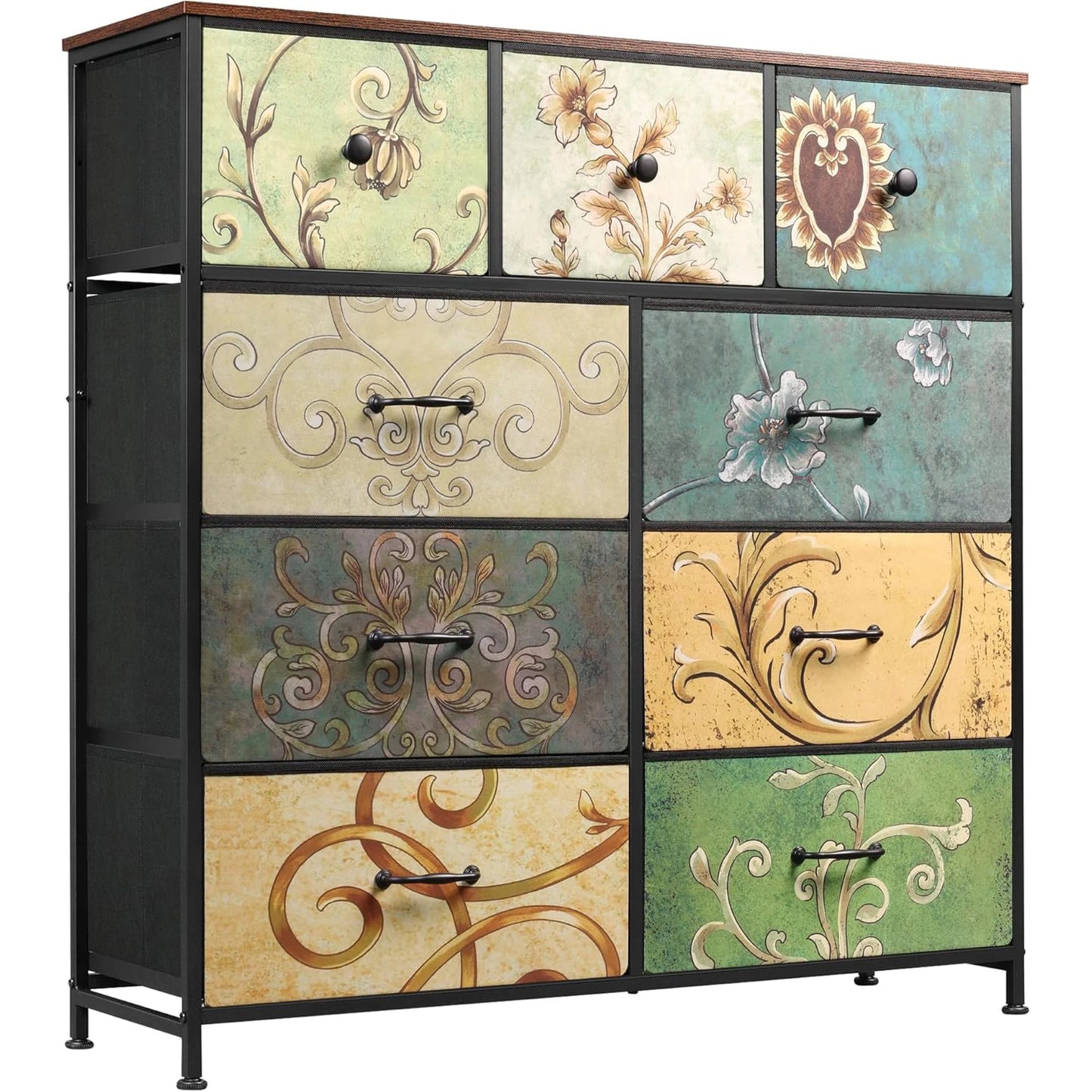 Commode Bohème Multi-Tiroirs en Tissu Fleuri, Structure Bois & Métal