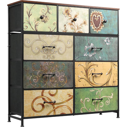 Commode Bohème Multi-Tiroirs en Tissu Fleuri, Structure Bois & Métal