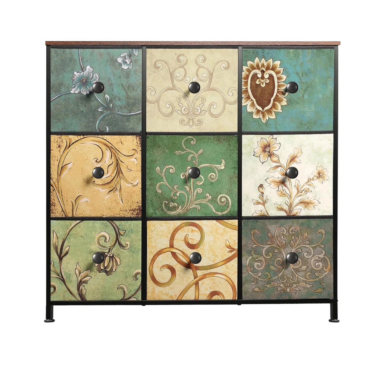 Commode Bohème Multi-Tiroirs en Tissu Fleuri, Structure Bois & Métal