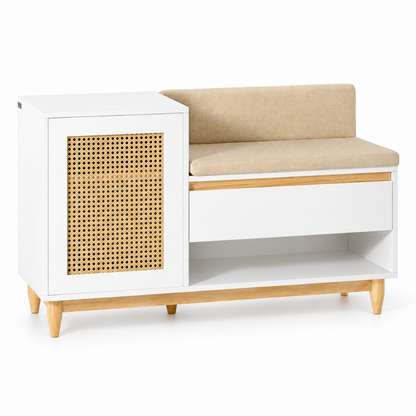 Banc à Chaussures Blanc & Cannage Rotin, Assise Rembourrée