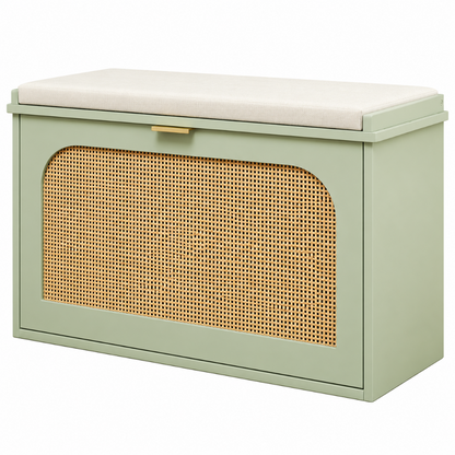Banc à Chaussures Vert Sauge & Rotin, Assise Rembourrée, 80 cm