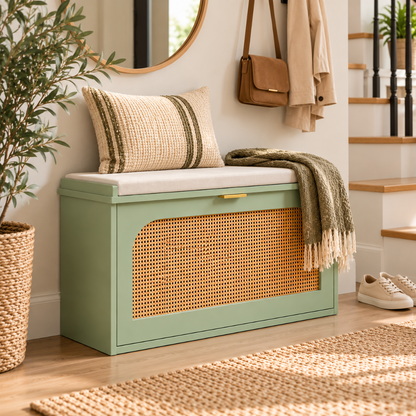 Banc à Chaussures Vert Sauge & Rotin, Assise Rembourrée, 80 cm 2