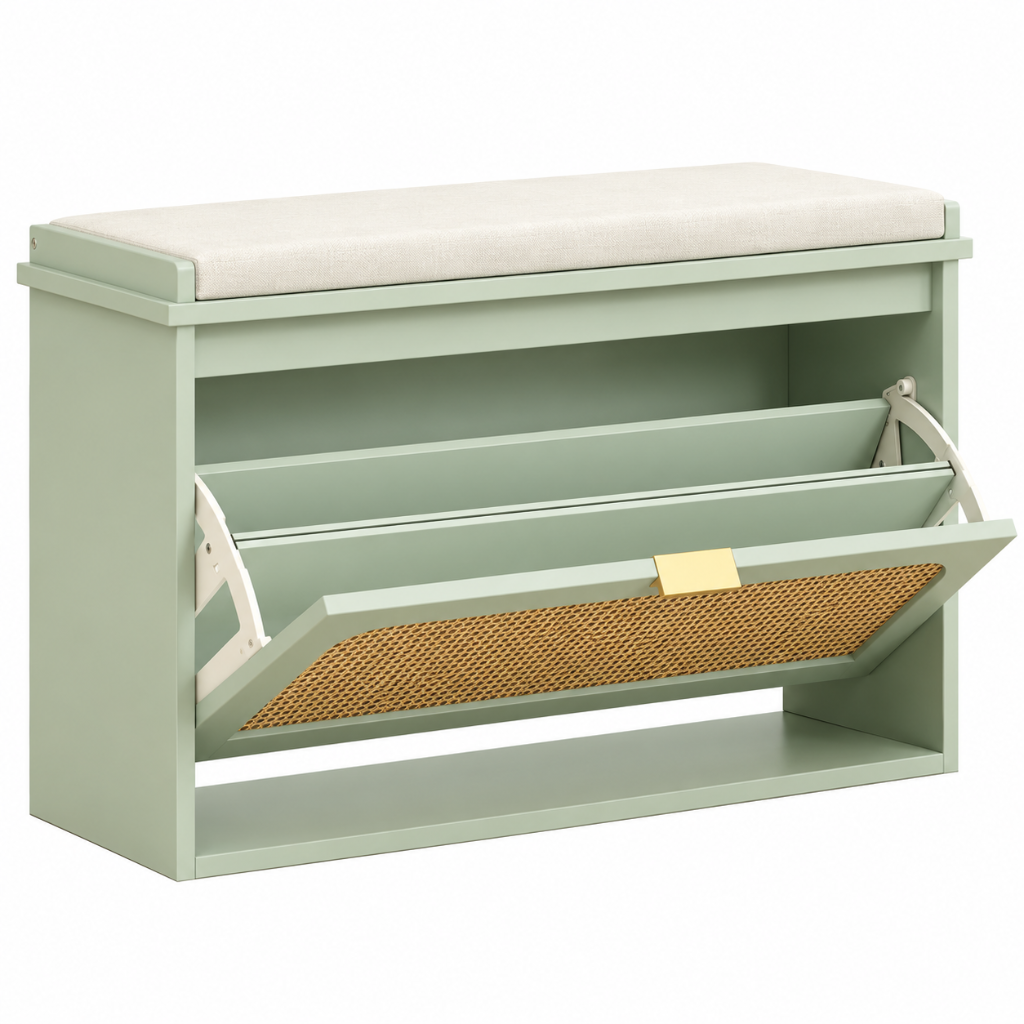 Banc à Chaussures Vert Sauge & Rotin, Assise Rembourrée, 80 cm ouvert