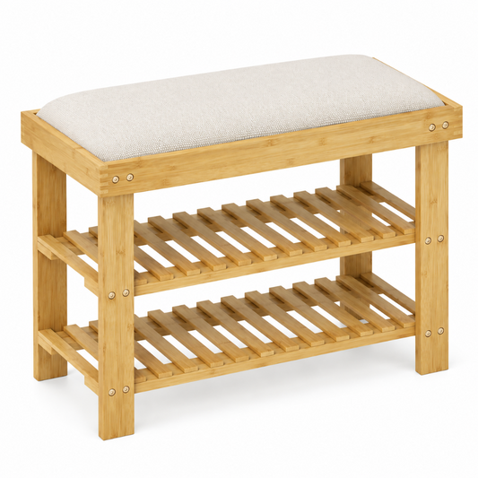 Banc à Chaussures en Bambou avec Assise Rembourrée, 2 Étagères Blanc